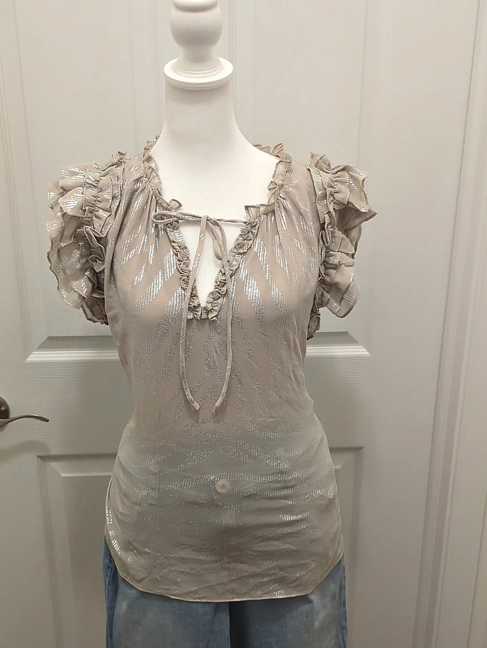 Black House White Market Ruffle Sleeve Blouse in Beige and Metalic Silver.